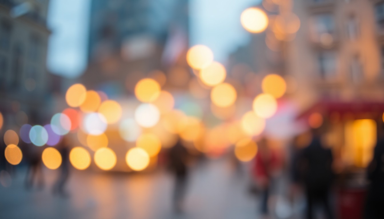 An extremely blurred, impressionistic photograph composed of soft, glowing orbs of warm yellow, orange, and red light, conceptually representing the spirit of community and compassion surrounding One Boston Day events.