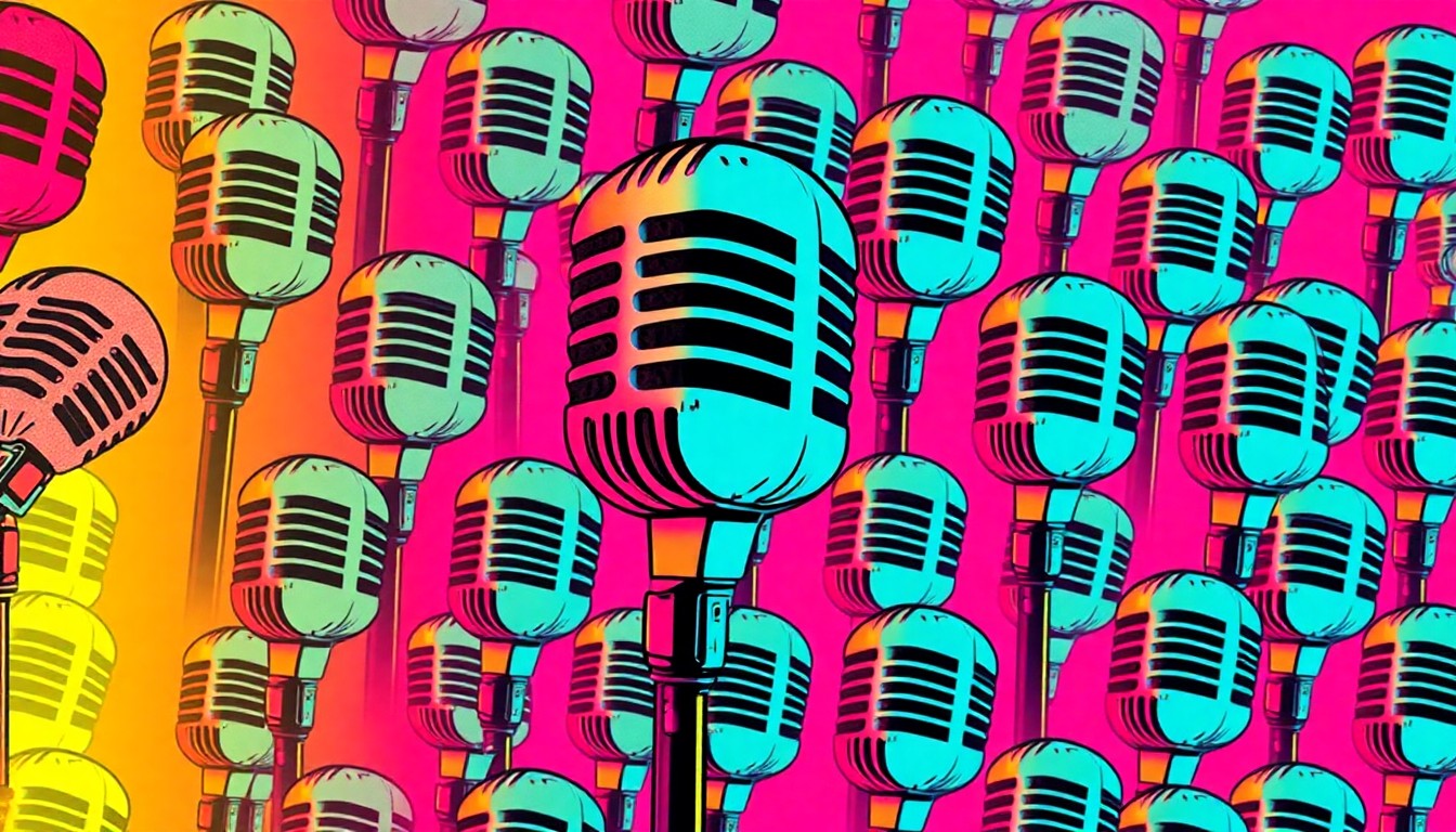 A highly stylized, abstract illustration composed of a repeating grid of a vintage microphone silhouette in a vibrant neon color palette, conveying the energy and excitement of a live music event.