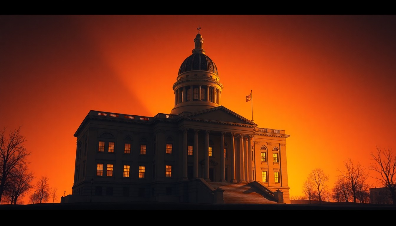 A serene, cinematic painting of the Colorado state capitol building, its grand architecture and columns bathed in warm, golden light and deep shadows, conveying a sense of quiet contemplation and the weight of political divisions.