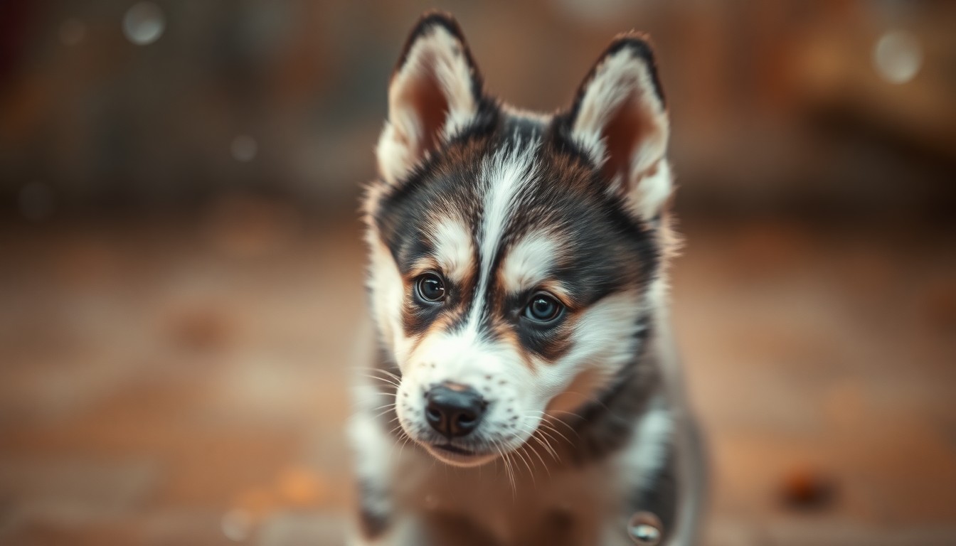 An extremely blurred, dreamlike image of a Siberian husky puppy playing in a warm, hazy setting, conveying the affectionate and energetic personality of the dog.