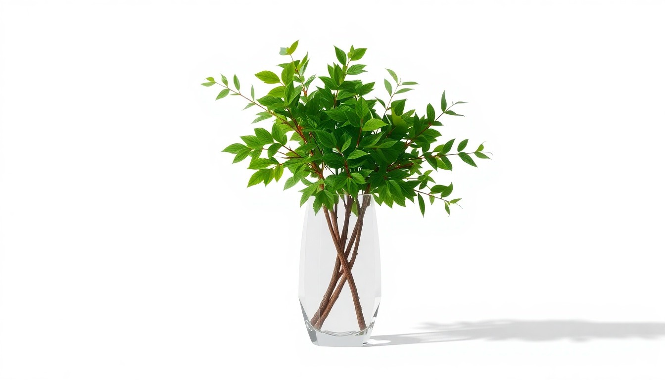 A photorealistic studio still life featuring a polished glass vase filled with lush green leaves and branches, representing the natural beauty and environmental benefits of trees. The vase is placed on a clean, monochromatic background, using dramatic lighting and shadows to symbolize the abstract concepts of sustainability and community resilience.