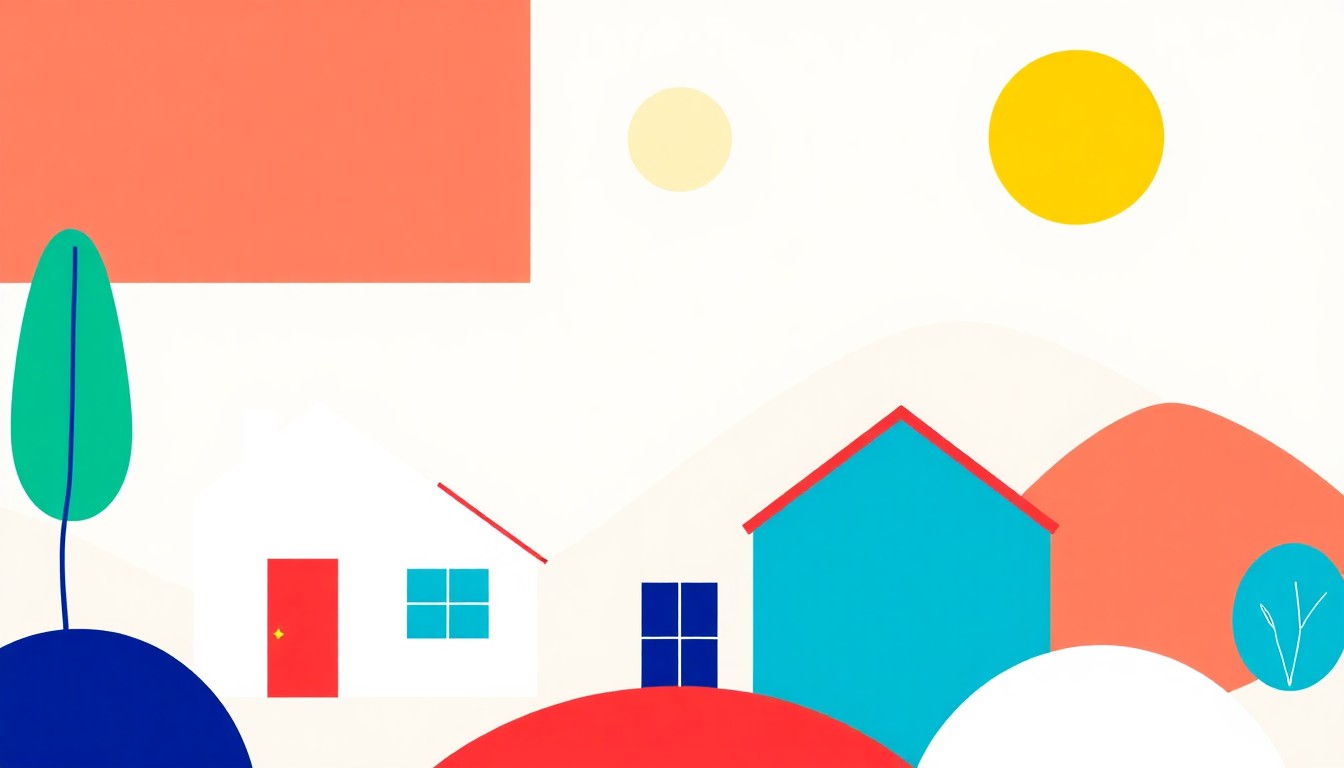 An abstract illustration using simple geometric shapes and primary colors to conceptually represent the changing dynamics of the housing market, with rising inventory and shifting buyer and seller behaviors.