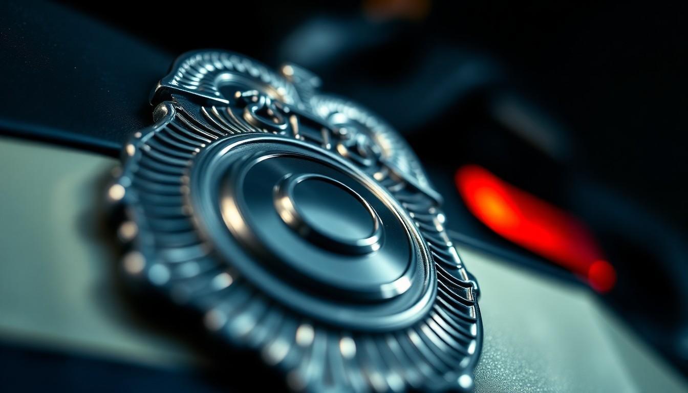 An extreme close-up photograph of a police badge, with a shallow depth of field and dramatic lighting, conceptually representing the dedication and professionalism of law enforcement.