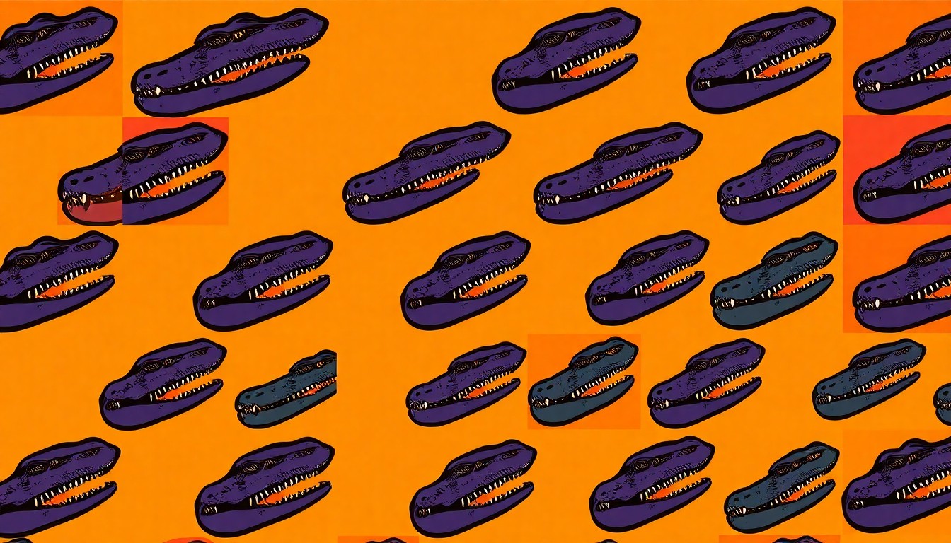 A brightly colored, high-contrast silkscreen print of a single, iconic alligator head repeated in a tight grid pattern, utilizing flat, vibrant, and unnatural neon color palettes overlapping with heavy black photographic outlines to turn the everyday reptile into modern pop art.