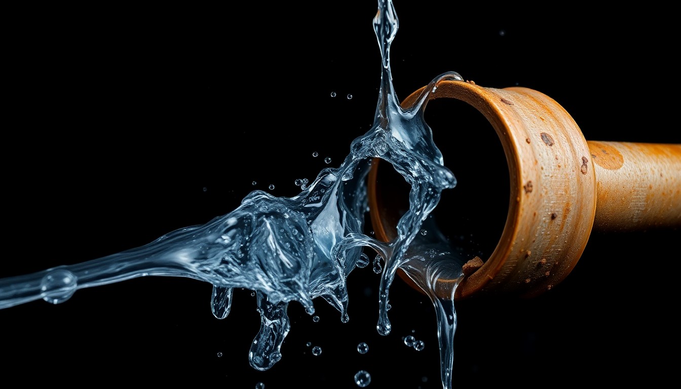 An extreme close-up photograph of a broken water pipe, with water droplets and debris visible against a stark black background, conceptually illustrating the sudden and destructive nature of the flooding incident.