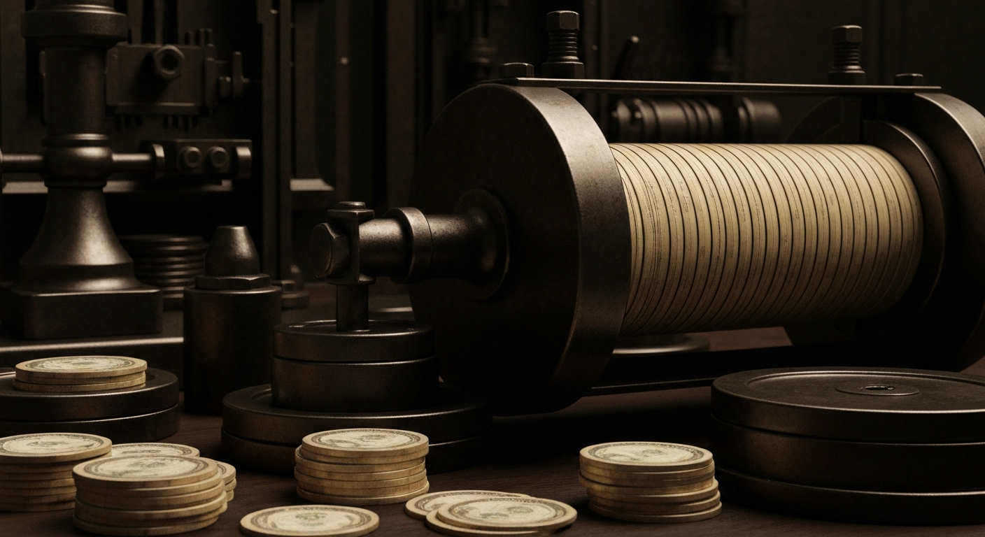 An extreme close-up of gears, levers, and other heavy industrial banking equipment, conveying the intricate mechanics of the financial system in a conceptual, non-literal way.