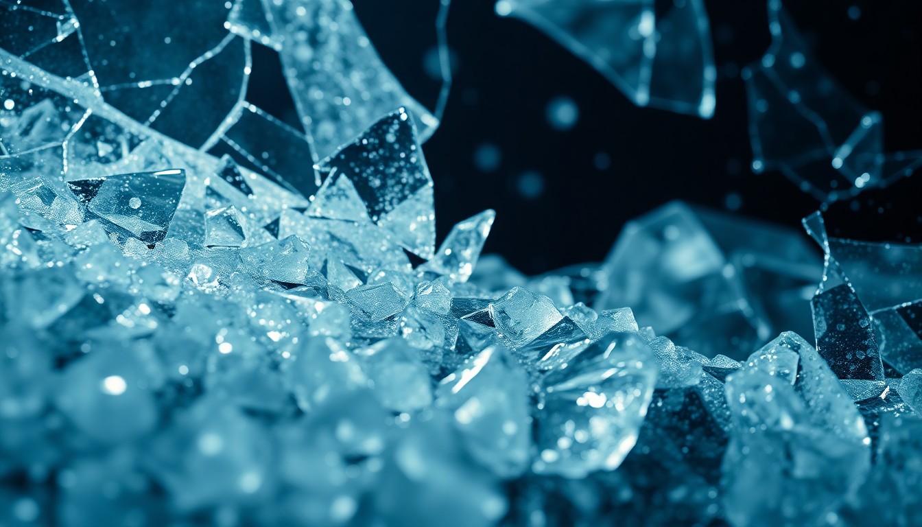 An extreme close-up of jagged, cracked glass and ice textures in high-contrast black, white, and blue tones, conveying a sense of emotional fragility and psychological tension.