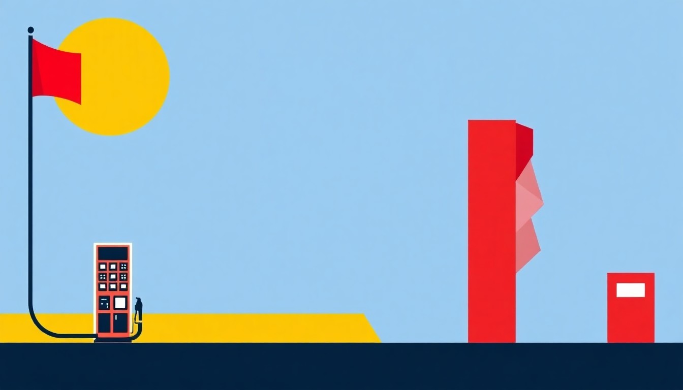 A geometric abstract illustration using bold shapes and primary colors to conceptually represent the rising cost of gas in Texas, without any literal depictions of gas pumps, dollar signs, or other explicit economic symbols.