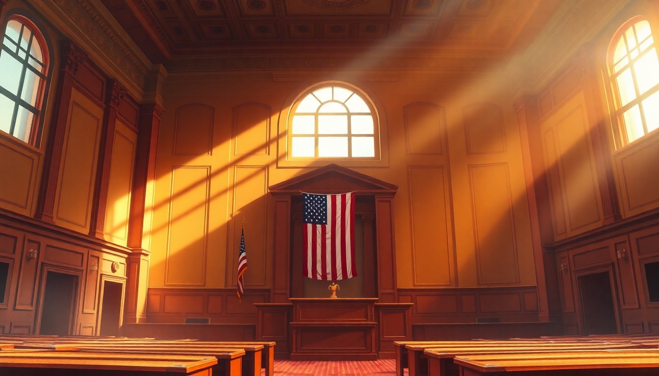 A cinematic painting of an empty city council chamber with an American flag in the background, conveying a sense of civic duty and local government.