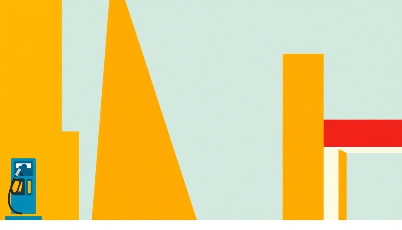 An abstract illustration composed of overlapping triangles and circles in shades of red, blue, and yellow, conceptually representing the rising cost of gasoline in New York.