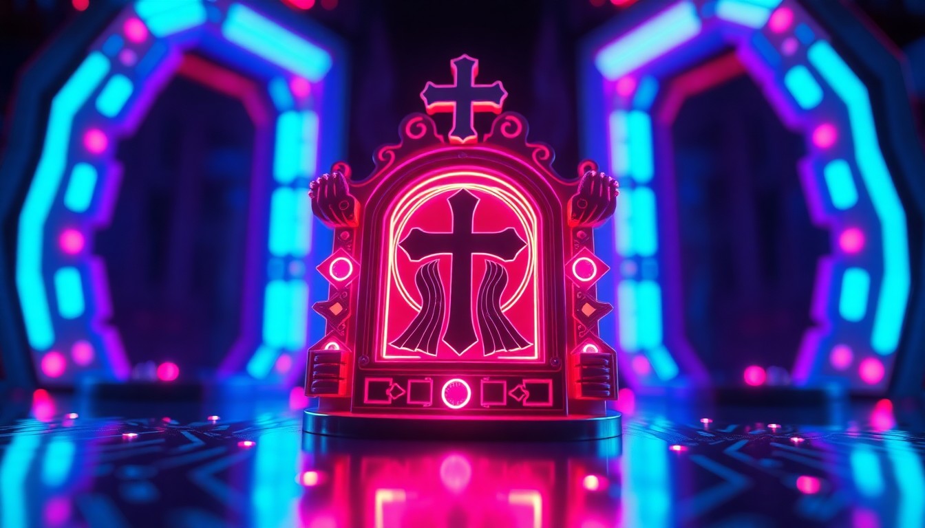 A glowing, futuristic 3D illustration of a stylized religious icon or artifact, with neon cyan and magenta lights illuminating its intricate digital components, conceptually representing the intersection of faith and advanced technology.