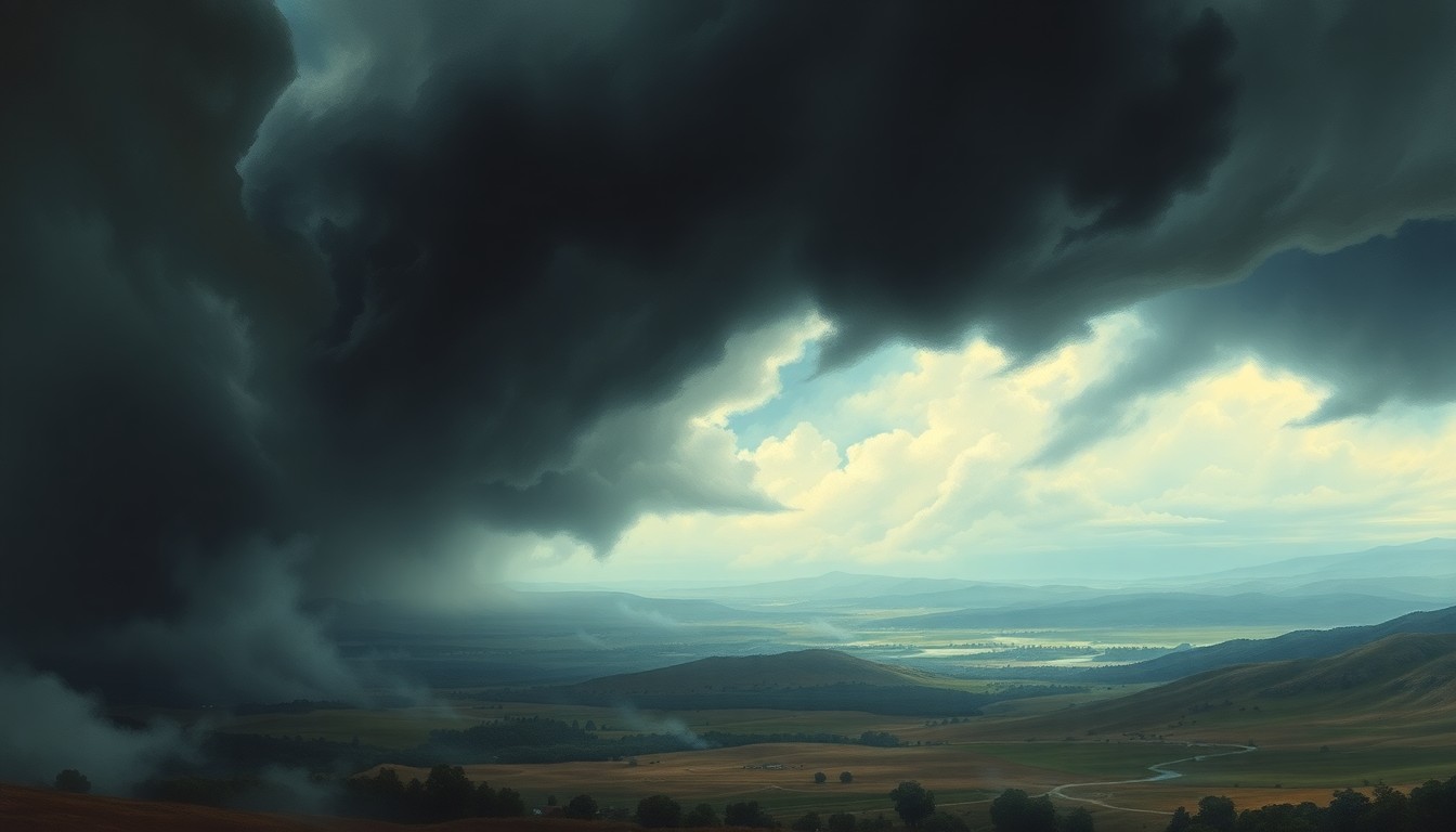 A sweeping, atmospheric landscape painting depicting a massive storm system dominating the Central California countryside, with physical structures and objects dwarfed by the scale and power of the natural elements.