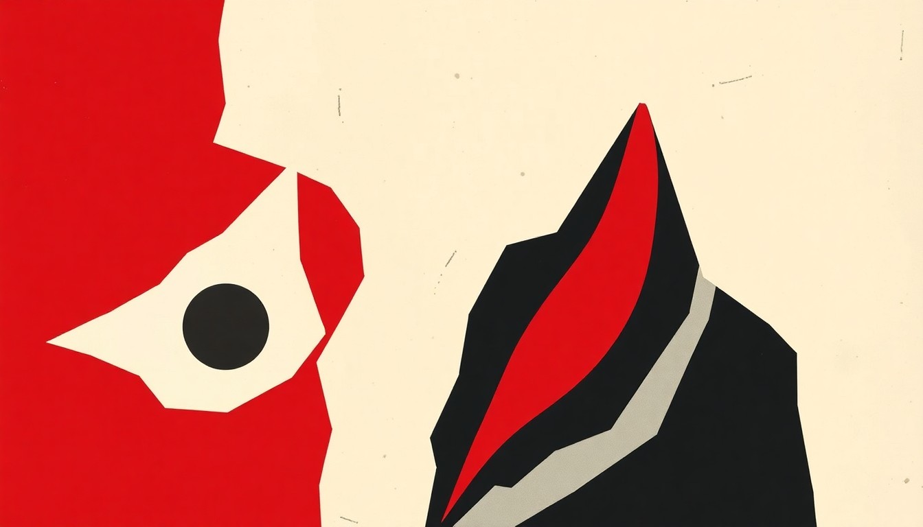 A bold, abstract composition of stark, jagged geometric shapes in striking red and white, conceptually representing the mystical and groundbreaking abstract paintings of Hilma af Klint.