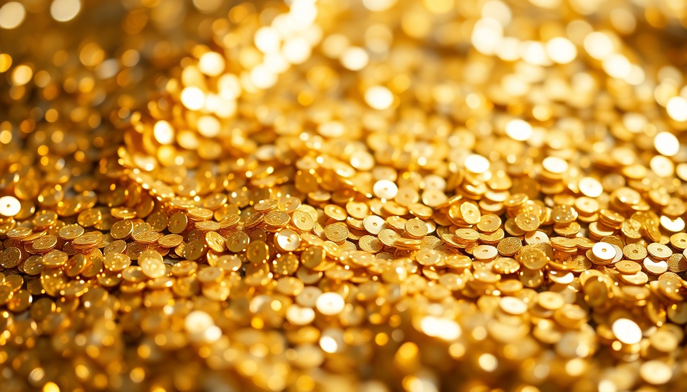 An extreme close-up photograph of a shimmering, high-contrast sequin texture in gold and silver hues, representing the glamour and luxury associated with celebrity relationships.