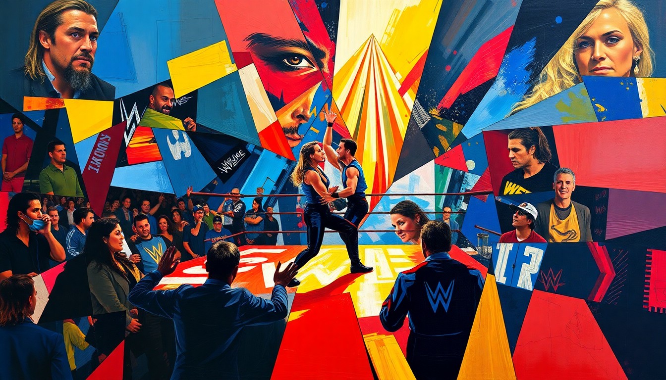A cubist, geometric painting in bold colors depicting the chaotic energy and overlapping perspectives of a WWE event, conveying the celebratory yet bittersweet farewell to a beloved superstar.