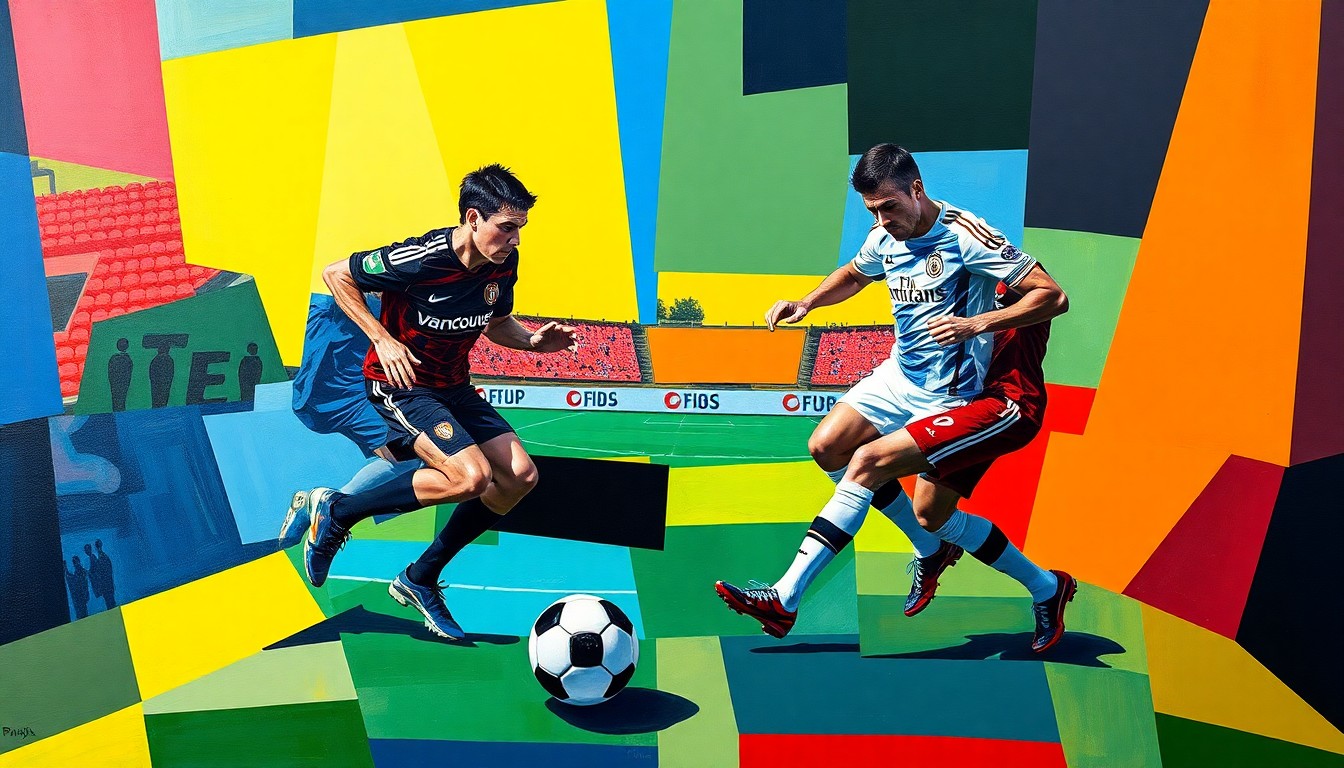 A fractured, cubist-style painting depicting the dynamic action of a soccer match, with the players and ball represented by sharp, overlapping geometric shapes in the official colors of the Vancouver Whitecaps and San Diego FC.