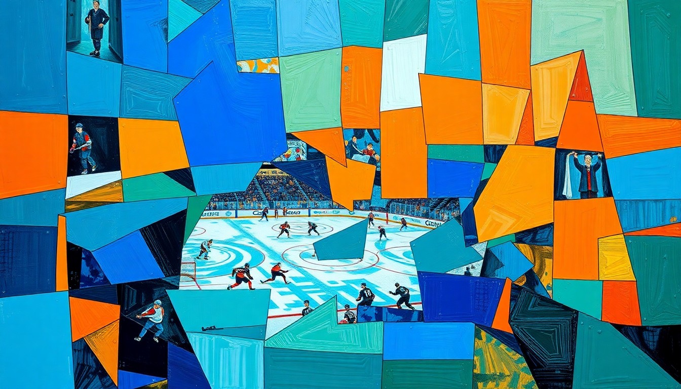 A fragmented, geometric painting in bold colors depicting the action and movement of a hockey game, conceptually representing the strategic depth and individual brilliance on display.
