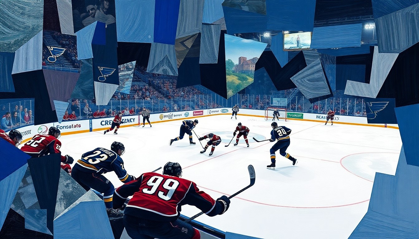 A fractured, multi-perspective painting in a cubist style, breaking down a hockey game into sharp, overlapping geometric planes that capture the dynamic movements and action on the ice.
