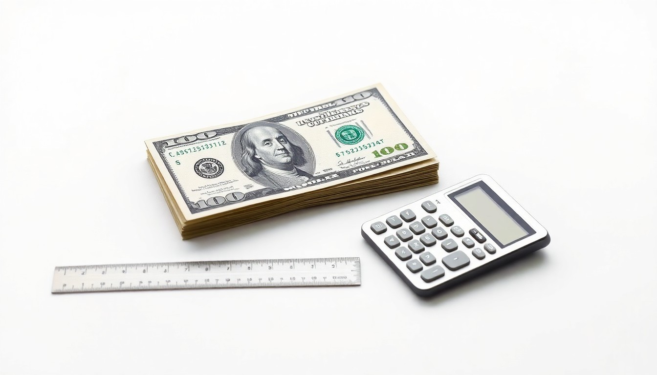 A minimalist studio photograph featuring a metal ruler, stacked dollar bills, and a digital calculator arranged elegantly on a clean white background, conceptually representing the process of converting daily pay to hourly salary.