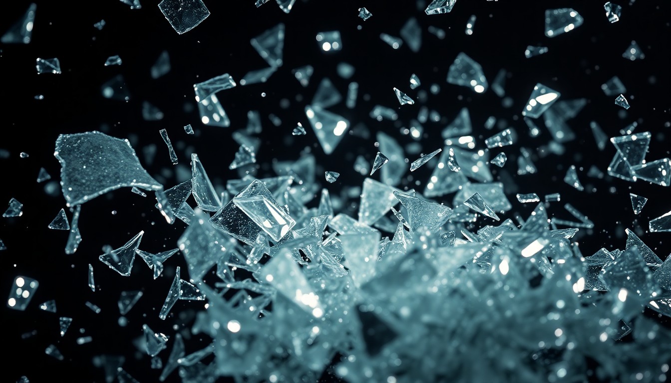 An extreme close-up of shattered glass and glittering diamond fragments captured in dramatic, high-contrast studio lighting, conveying the dangerous and seductive allure of the criminal underworld Nicky and Morgan have become entangled in.