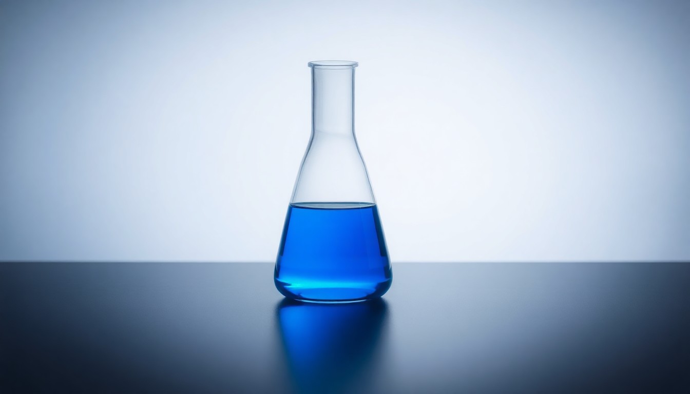 A photorealistic studio still-life photograph featuring a sleek, modern laboratory beaker filled with a glowing blue liquid, symbolizing the precision and innovation behind Kytopen's cell therapy engineering platform.