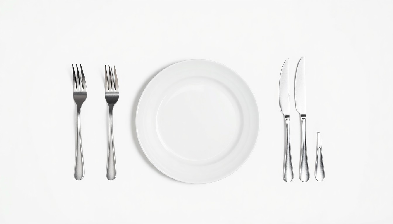 A minimalist studio still life photograph featuring a set of stainless steel restaurant utensils and an empty plate, conceptually representing the closure of a local diner and the uncertainty of its replacement.