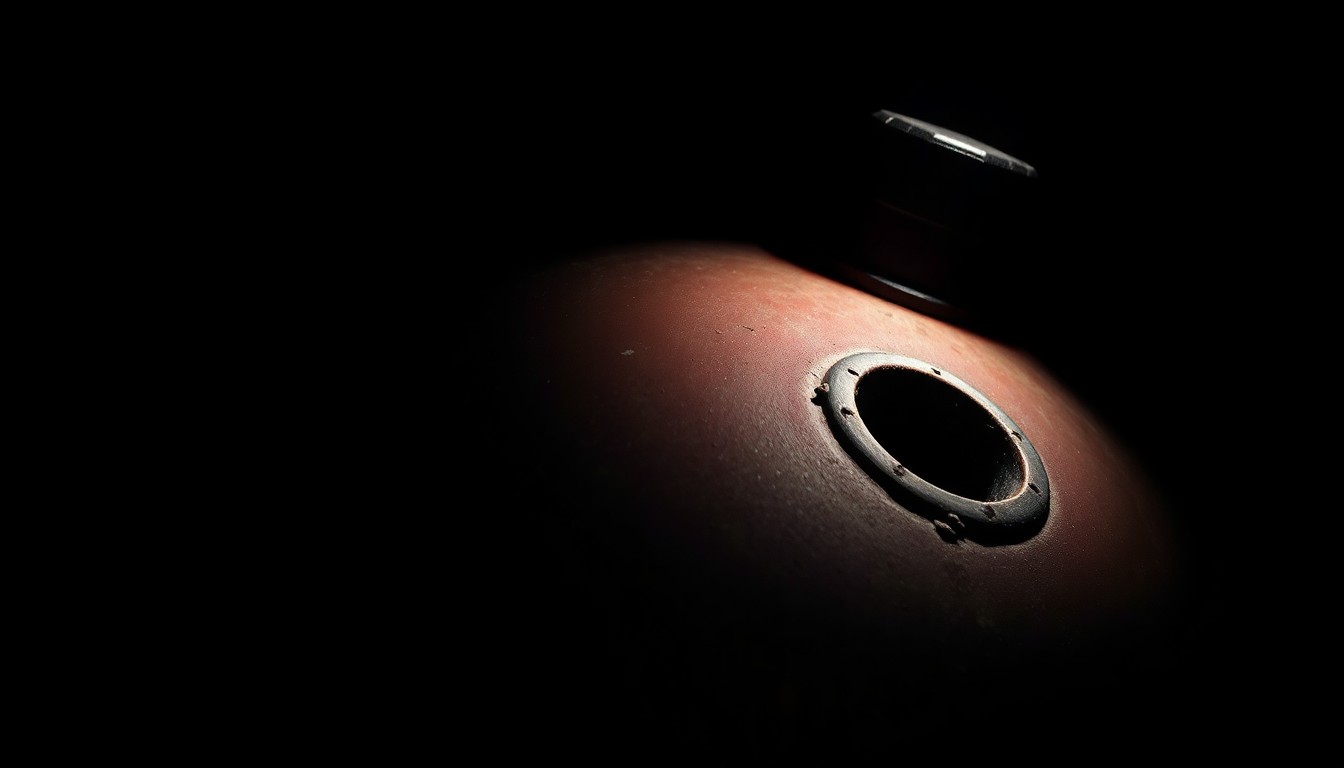 An extreme close-up photograph of a drilled gas tank, the circular hole and surrounding gasoline stain captured in stark detail against a pitch-black background, conceptually illustrating the nefarious methods used by thieves to steal fuel from vehicles.