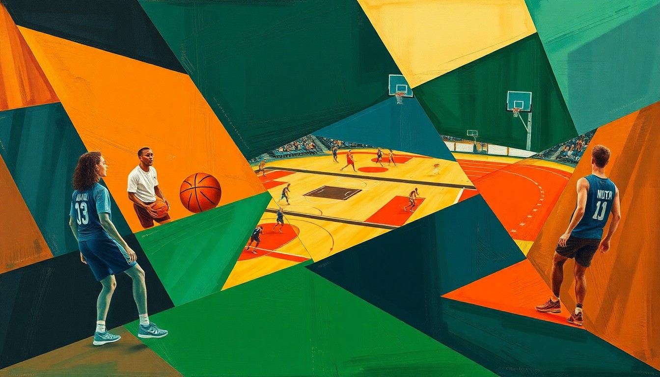 A cubist, geometric painting depicting fragmented scenes of a basketball game and track & field competition, with sharp planes of navy, green, and orange conveying the energy and dynamism of a multi-sport athlete.