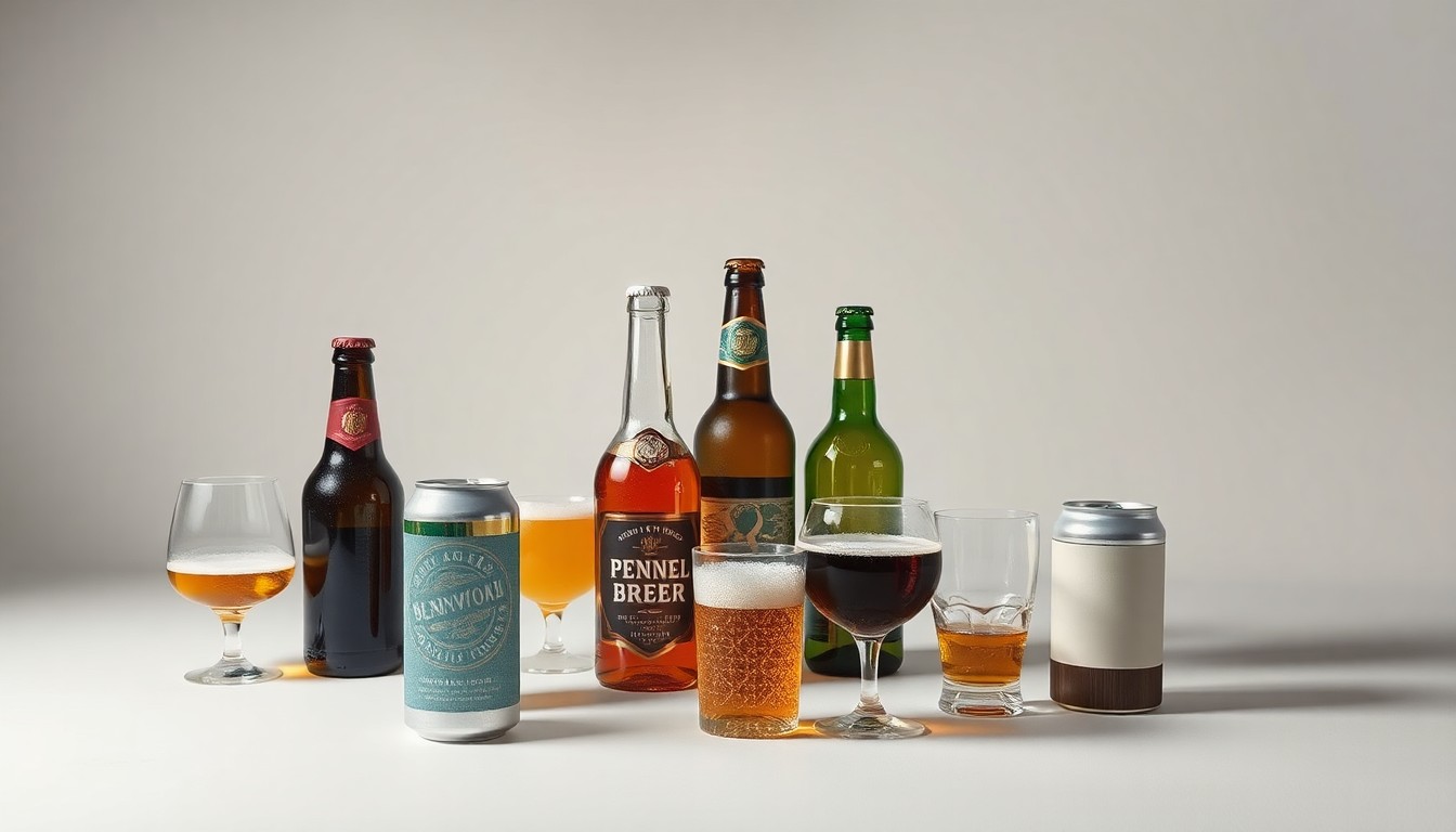 A high-end, photorealistic studio still-life photograph featuring a collection of premium beer bottles, cans, and glassware arranged elegantly on a clean, monochromatic background, conceptually representing the abstract challenges facing the New York brewery industry.