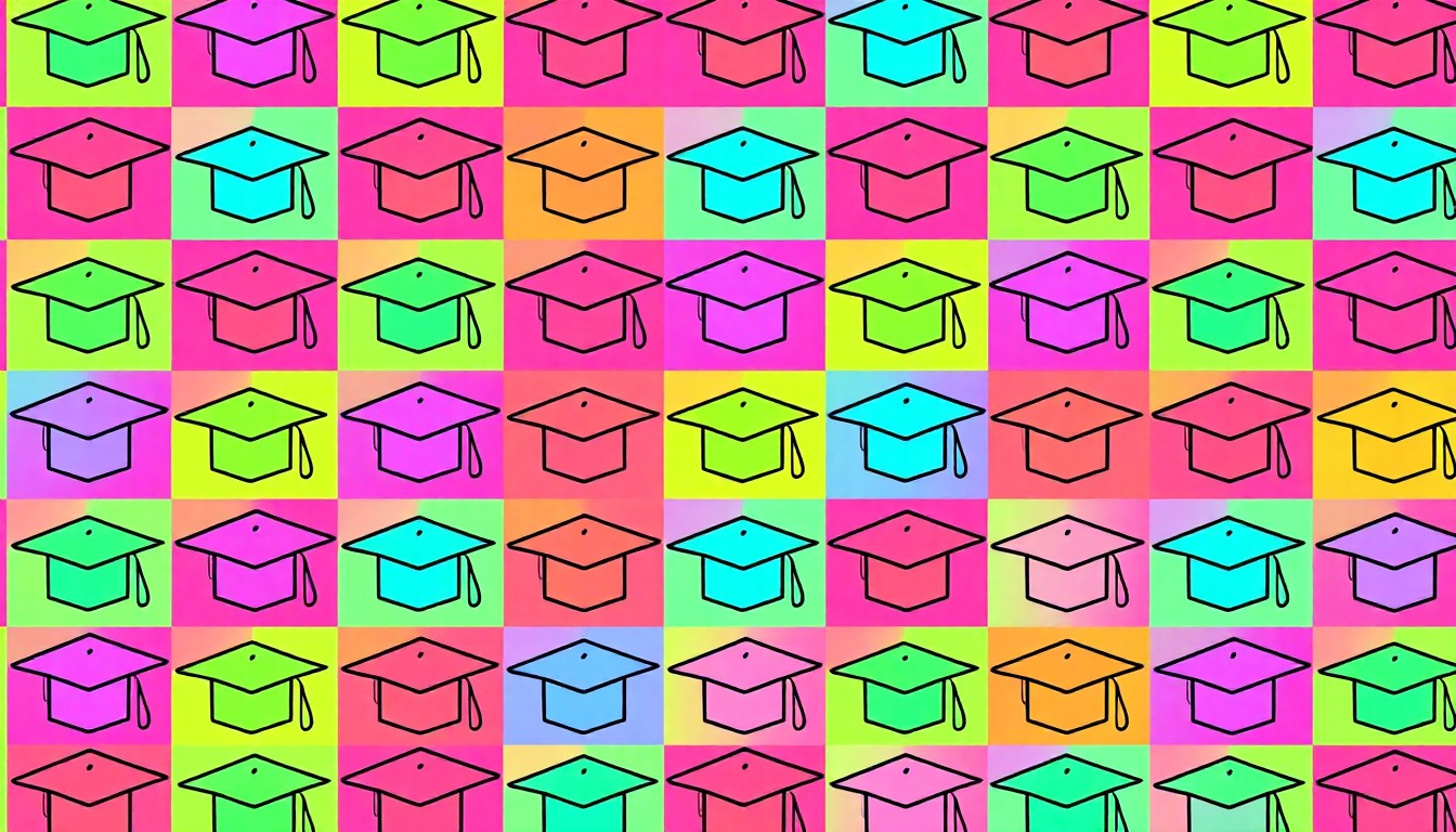 A bold, colorful silkscreen illustration featuring a repeated icon of a graduation cap, conveying the concept of expanded educational opportunities through community college bachelor's degrees.