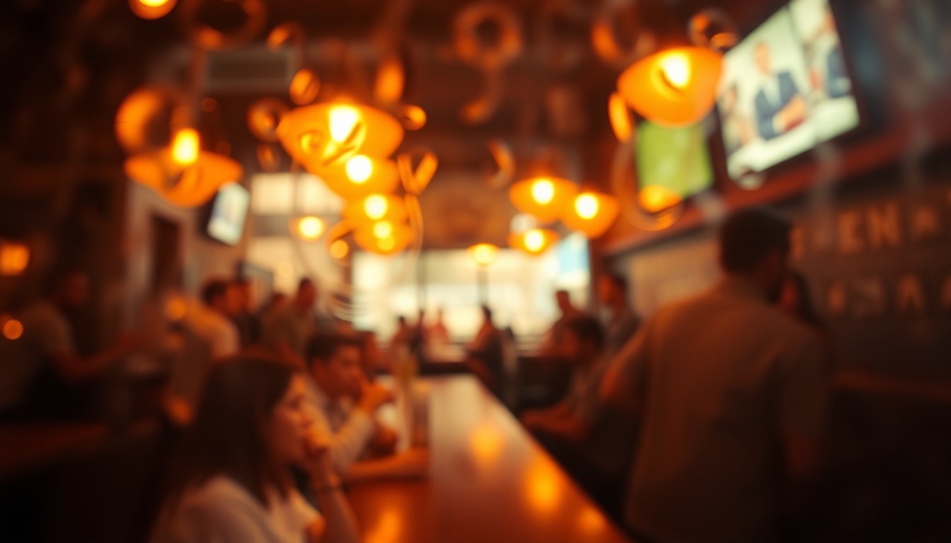 An abstract, impressionistic scene of a dimly lit bar interior, with blurred shapes and colors suggesting the warm, convivial atmosphere of a neighborhood gathering spot.