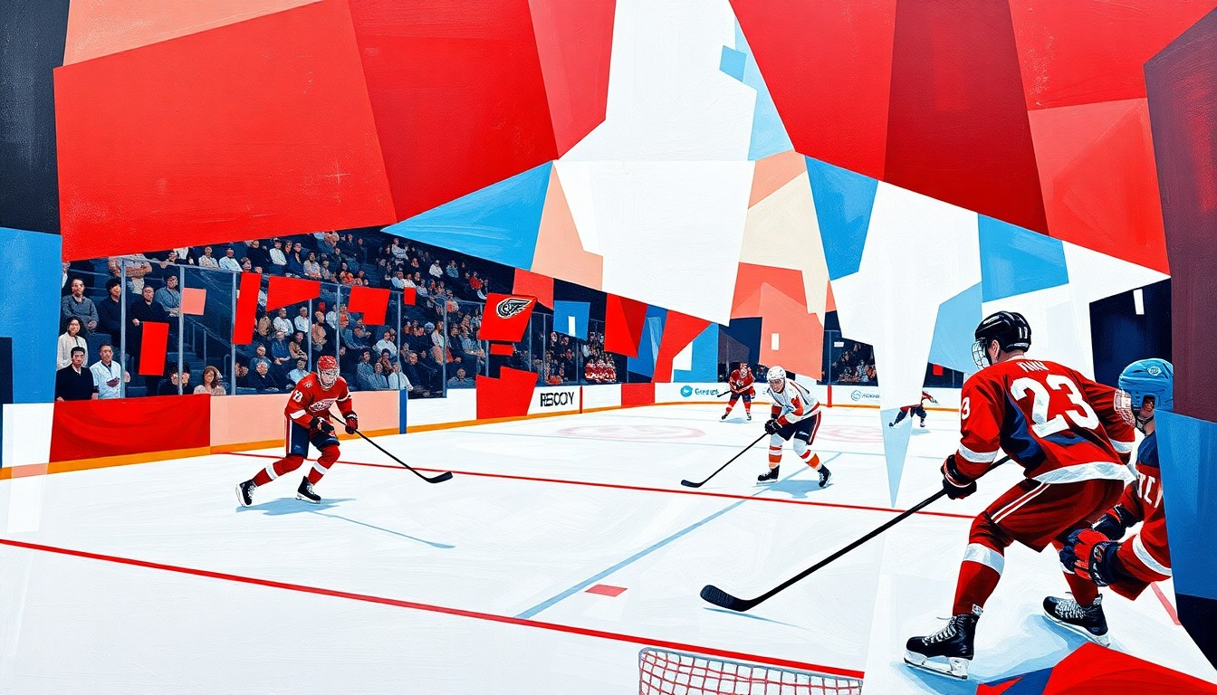 A fractured, geometric painting in bold primary colors depicting the action and movement of a hockey game, with players and the puck represented as abstract shapes and planes.