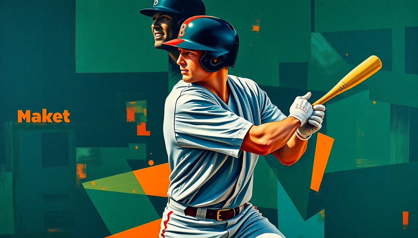 A cubist-style painting depicting a baseball player's batting stance and swing broken down into sharp, overlapping geometric shapes in a vibrant color palette, conveying the complex mechanics and challenges Kurtz is facing at the plate.
