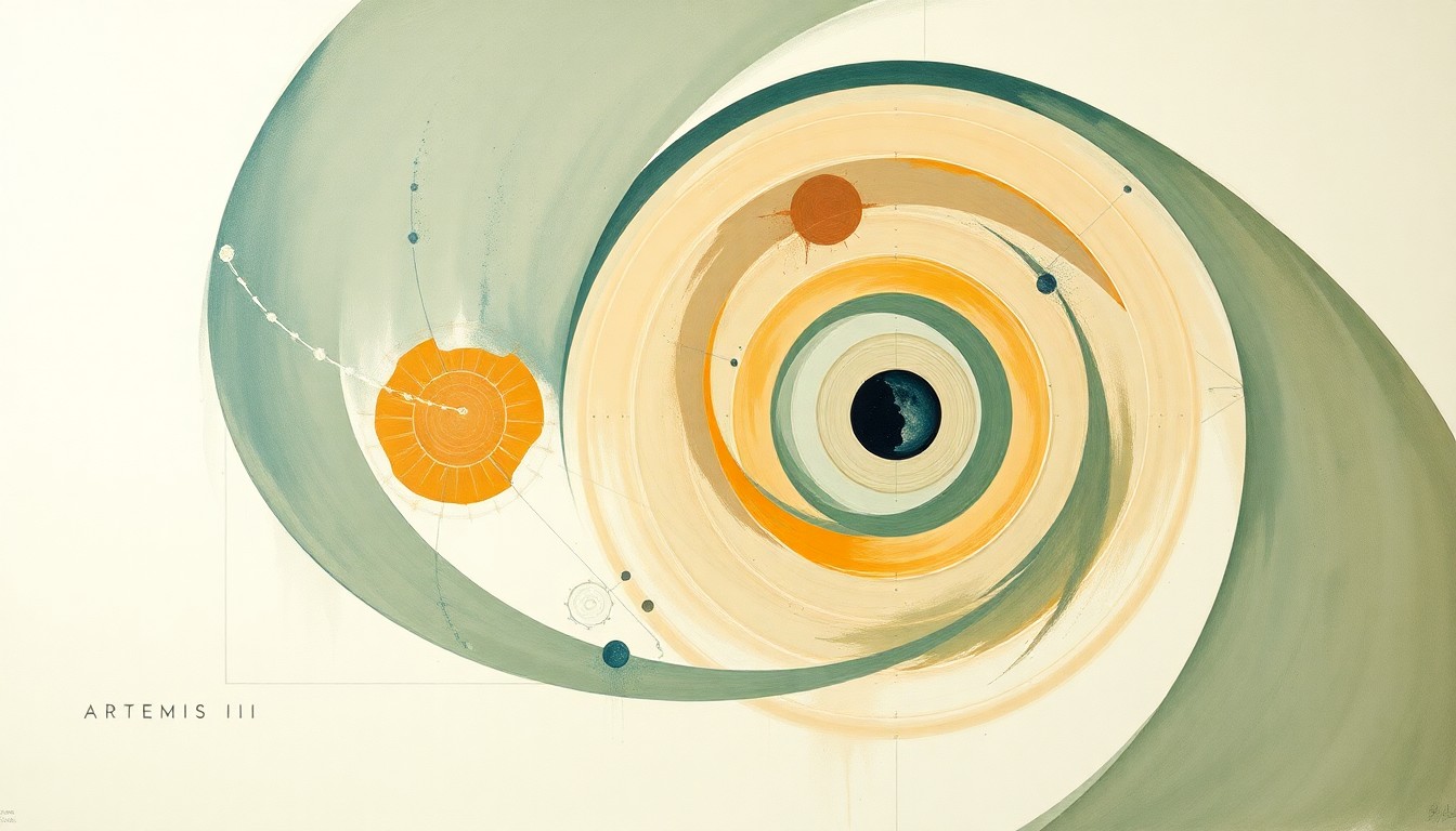 A highly structured abstract painting in soft, earthy tones of green, blue, and orange, featuring sweeping geometric arcs, concentric planetary circles, and precise botanical spirals, conceptually representing the complex scientific forces and concepts involved in the Artemis II lunar mission.
