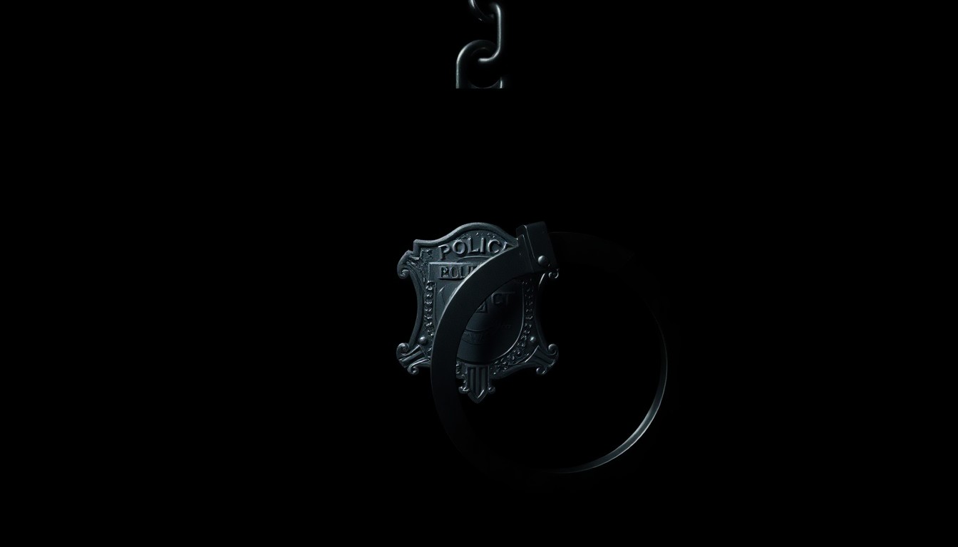 An extreme close-up photograph of a police officer's badge or handcuffs against a pitch-black background, lit by a harsh, direct camera flash to create a stark, gritty, investigative aesthetic.