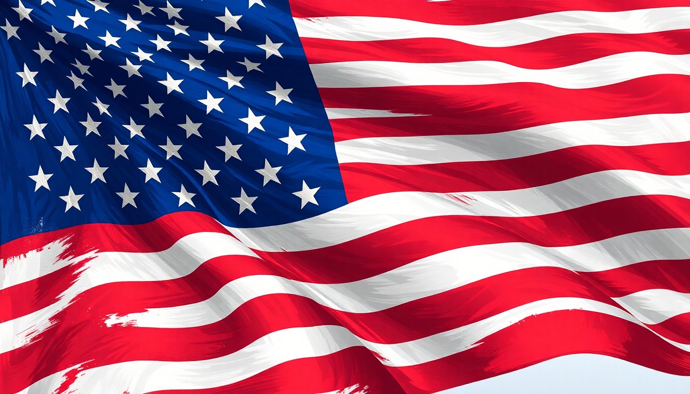 A vibrant, abstract painting of an American flag waving in the wind, with the stars and stripes repeated in overlapping, geometric waves of red, white, and blue, conveying the dynamic tensions in the legal dispute over presidential trade authority.