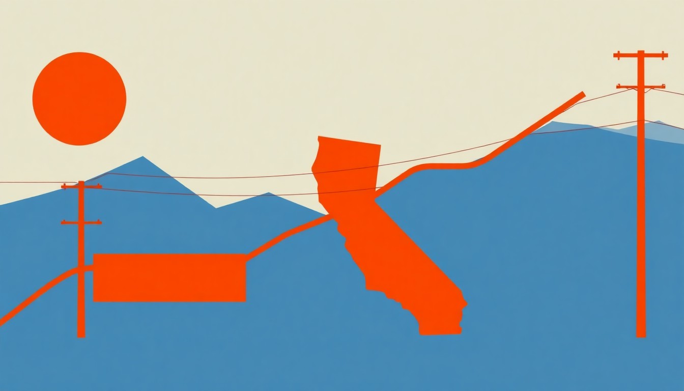A vibrant abstract illustration composed of overlapping triangles and rectangles in shades of blue, red, and yellow, conceptually representing the rising cost of electricity in California due to wildfire-related surcharges.