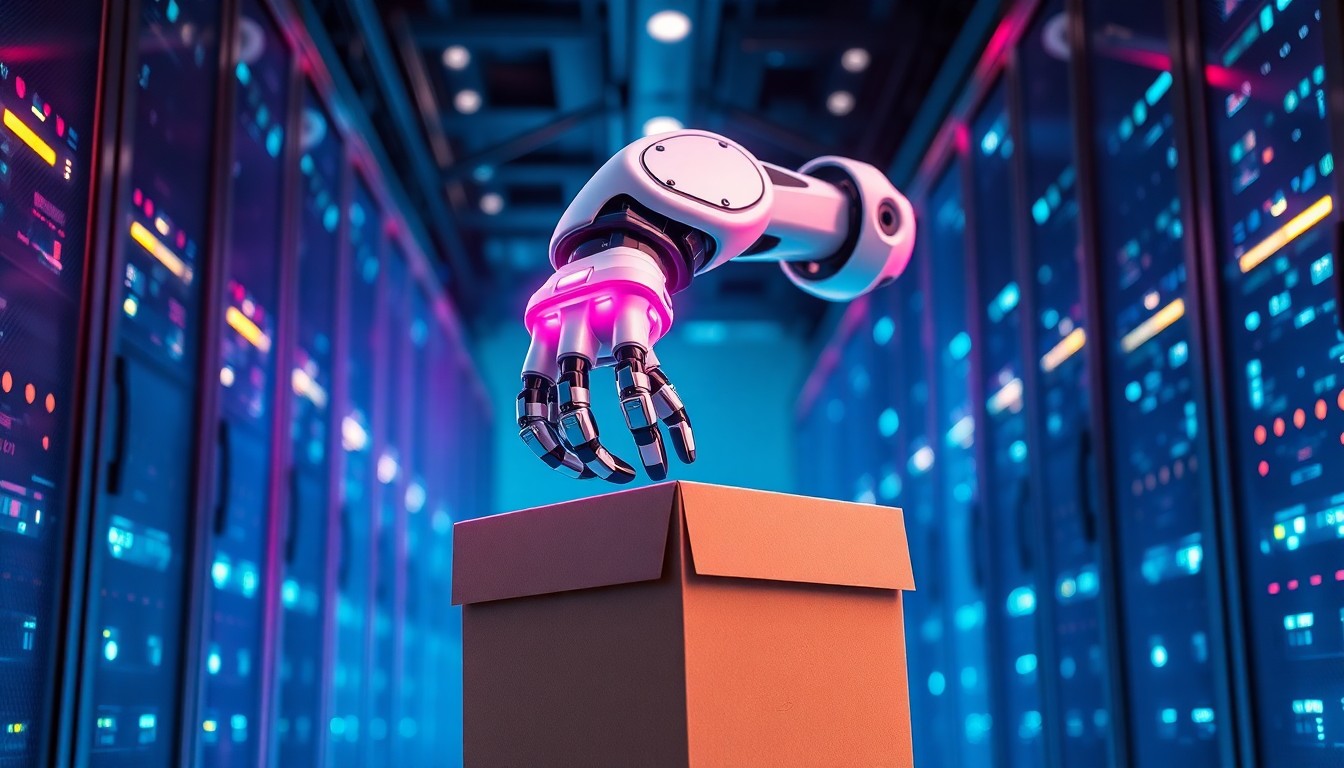 A highly detailed 3D illustration of a robotic arm with glowing cyan and magenta lights, gripping a cardboard box against a backdrop of futuristic, illuminated data center infrastructure, conceptually representing the advanced automation technology powering the parcel handling solution.