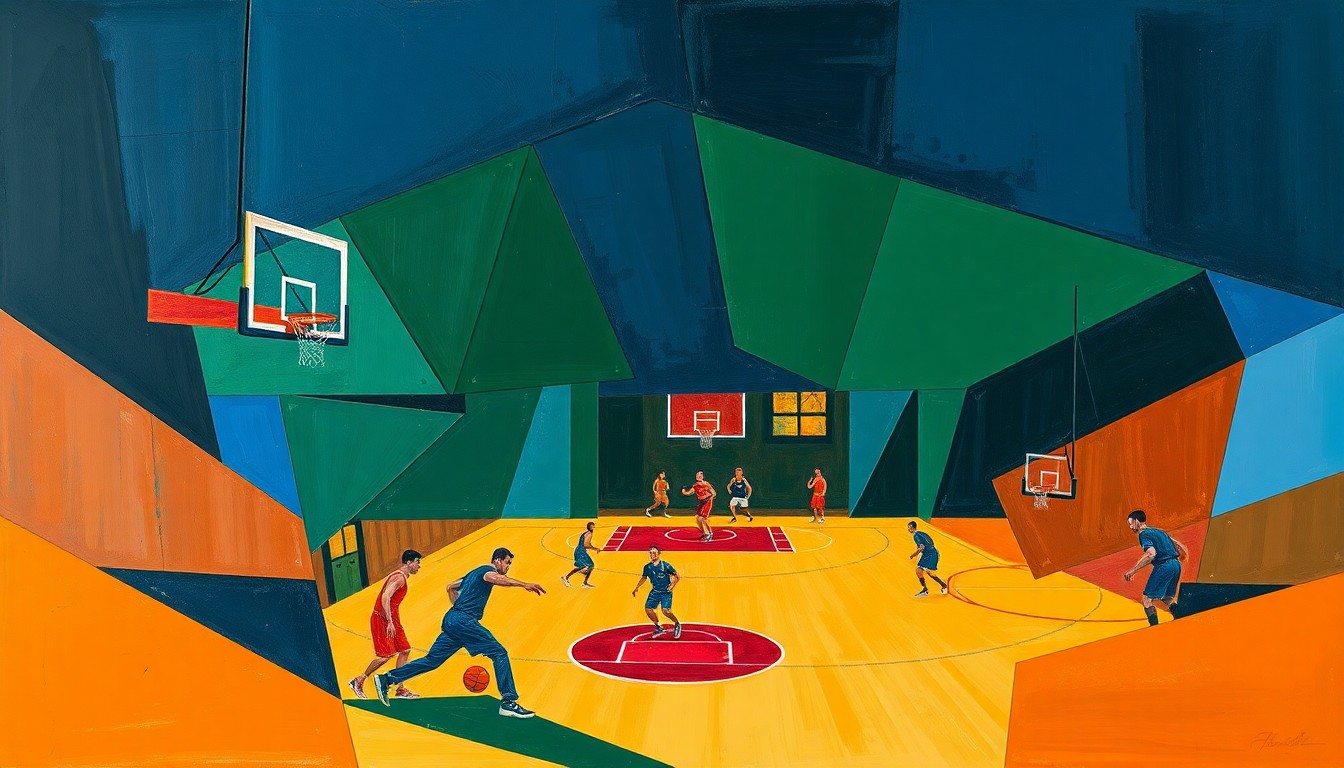 A cubist, geometric painting depicting a basketball game in motion, with players and the court broken down into overlapping planes of navy, green, and orange.