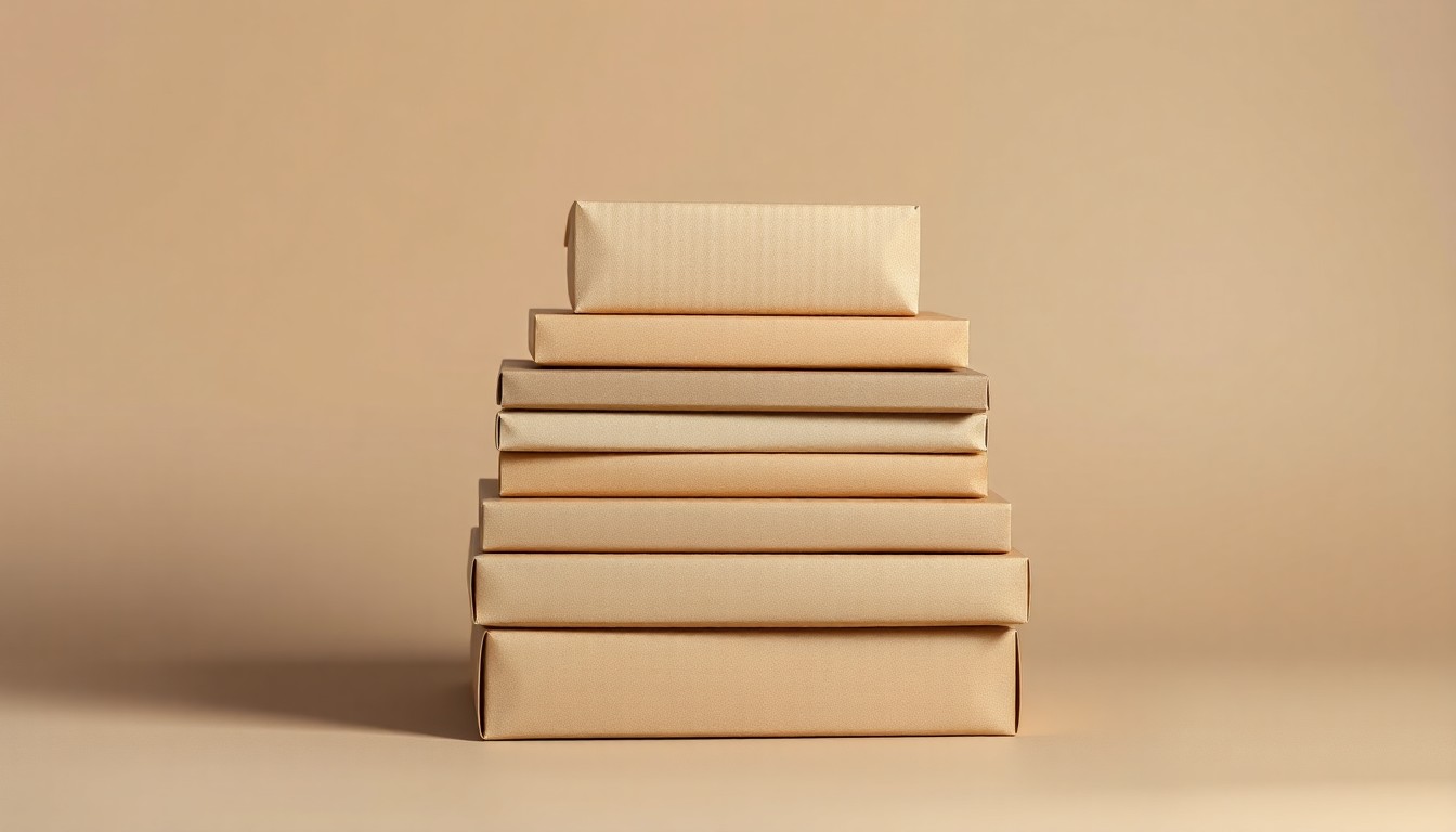 A high-end, photorealistic studio still-life photograph featuring a stack of glossy, premium-looking packaging materials in muted earth tones, such as cardboard, plastic, and paper, arranged elegantly on a clean, monochromatic background, conceptually representing the abstract shifts in the packaging industry.