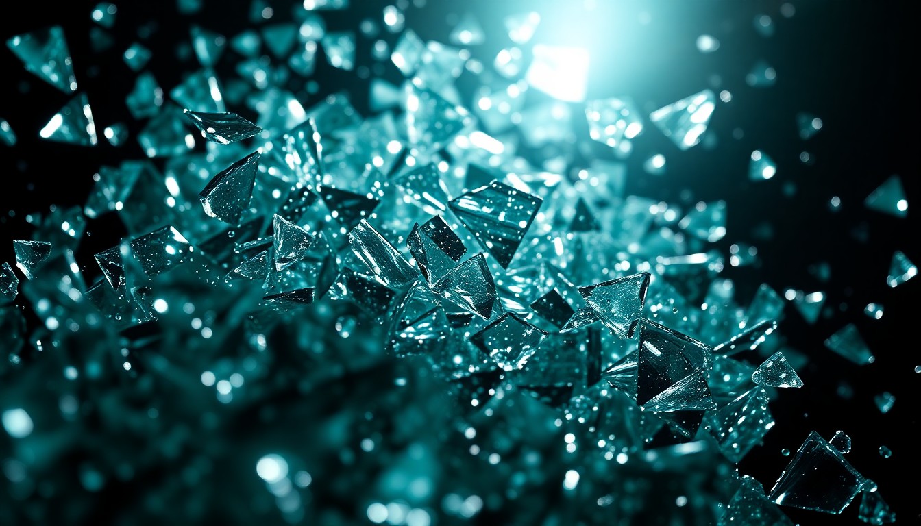 An extreme close-up photograph of shattered glass fragments reflecting dramatic studio lighting, conceptually representing the powerful emotions and creative energy behind Evanescence's new album.