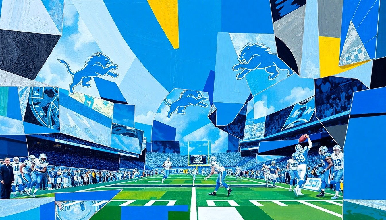 A cubist, geometric painting depicting a Detroit Lions football game, with sharp, overlapping planes of Honolulu Blue and Silver colors, capturing the dynamic action and energy of the sport.