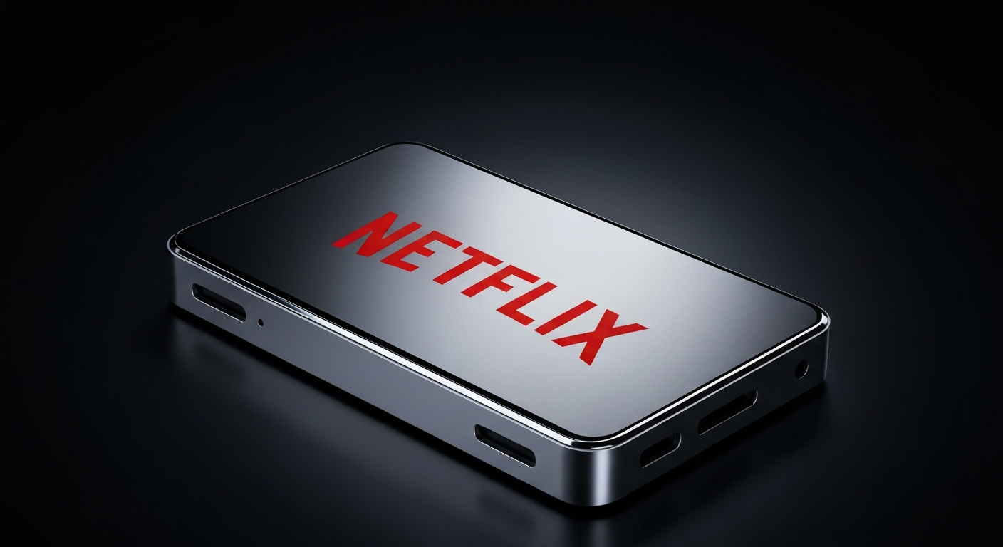 An extreme close-up of a shiny, metallic Netflix streaming device, dramatically lit against a dark background, representing the company's continued dominance in the digital entertainment market.