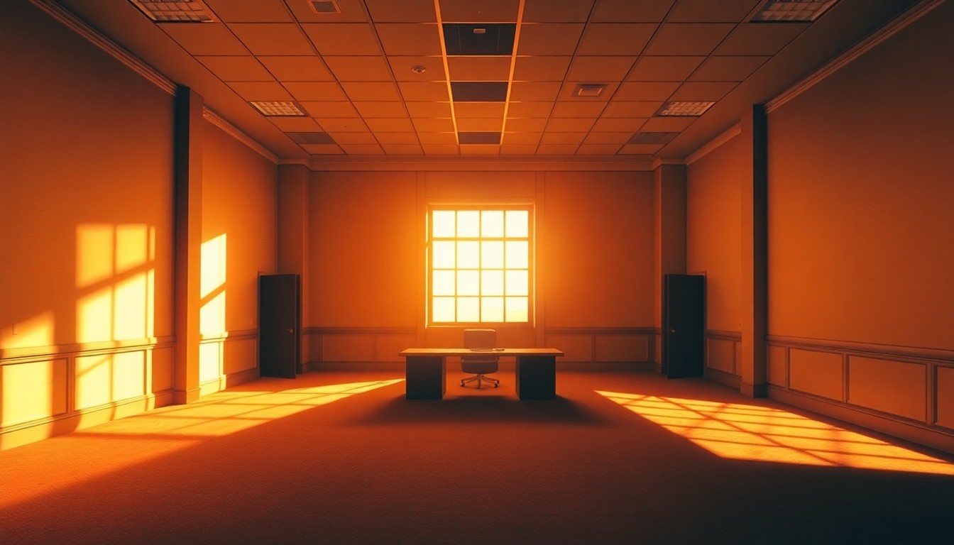 A dimly lit, cinematic painting of an empty government office space, with warm sunlight streaming through the windows and deep shadows obscuring details, conveying a sense of political unease and unresolved questions.