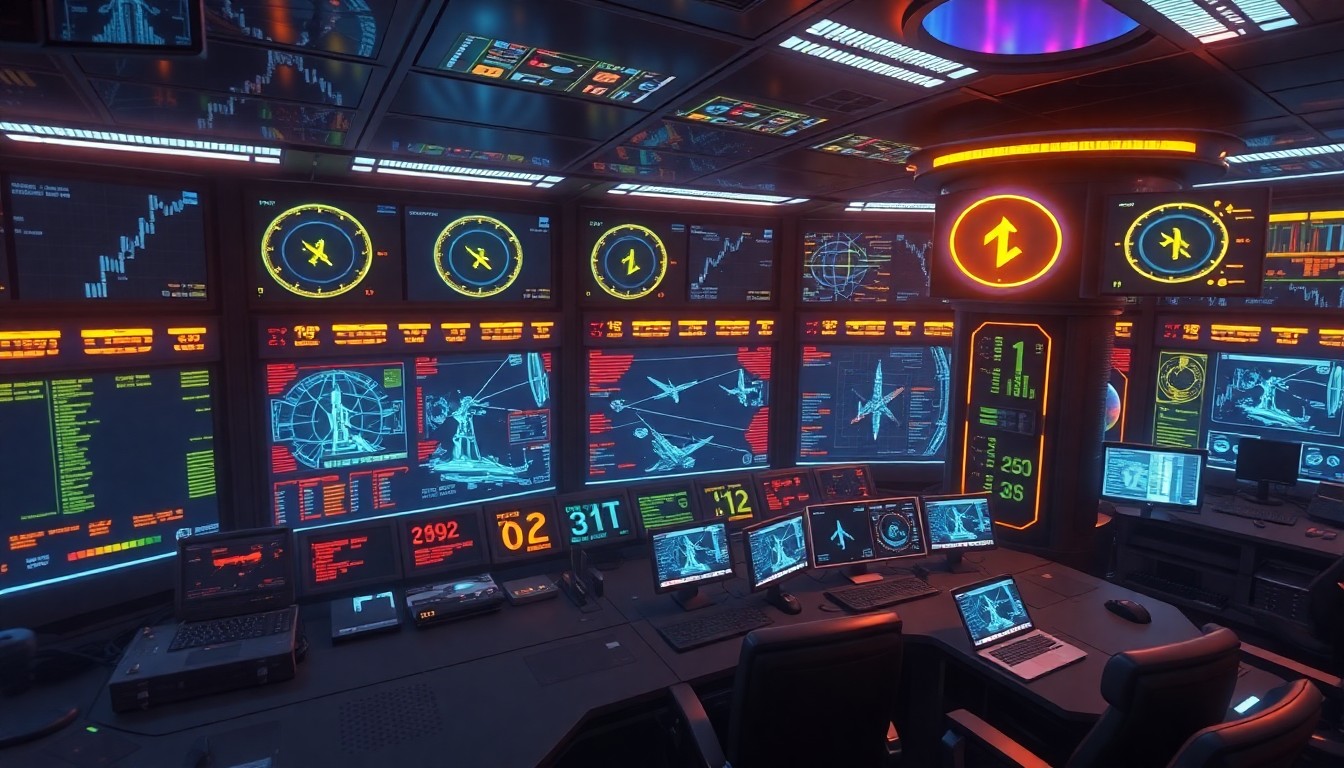 A highly detailed, neon-lit 3D illustration of a futuristic air traffic control tower, with glowing radar screens, pulsing data streams, and intricate digital infrastructure, conveying the complex, high-tech nature of modern aviation management.