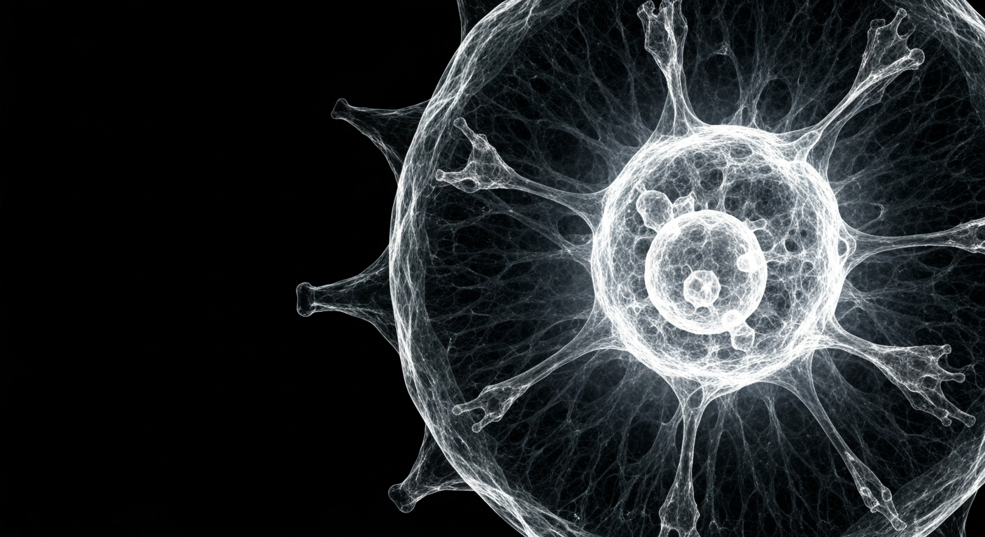A ghostly, translucent X-ray image revealing the intricate internal structure of a cancer cell, with glowing lines and shapes representing the cell's molecular components.