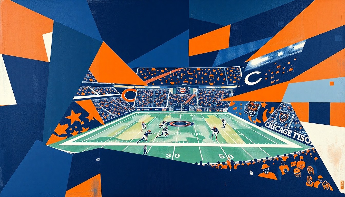 A cubist-style painting featuring fragmented geometric shapes in navy, orange, and white, representing the dynamic energy and strategic thinking of the Chicago Bears football team.