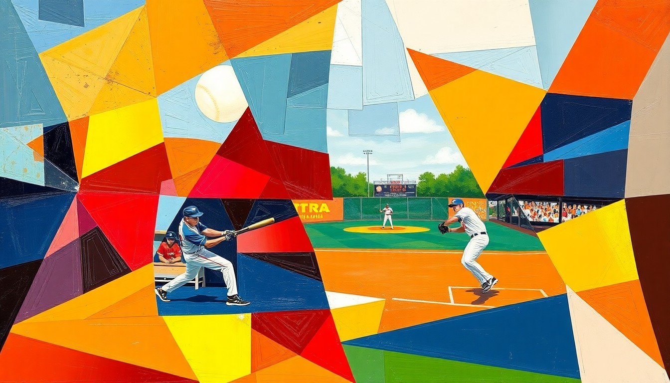 A fractured, cubist-style painting depicting a softball game, with the action broken down into overlapping geometric shapes in the team colors of Plano and Prosper Rock Hill.