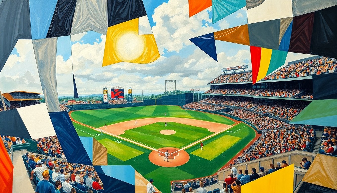 A cubist, geometric painting depicting a high school baseball game, with the players, field, and crowd broken down into abstract shapes and planes of color.
