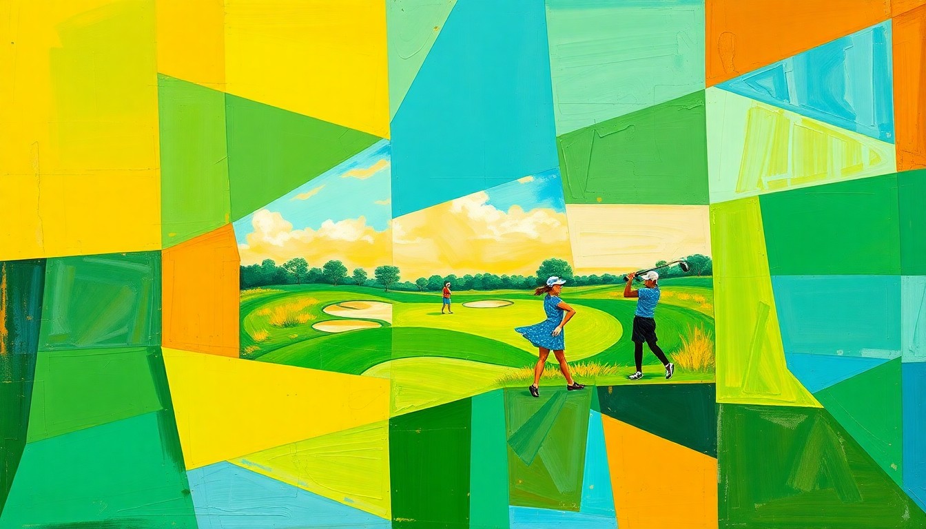 A vibrant, cubist-style painting depicting a girls golf tournament, with the players and course rendered in a series of overlapping geometric shapes and planes in a palette of greens, blues, and ochres, conveying the energy and competitive spirit of the event.